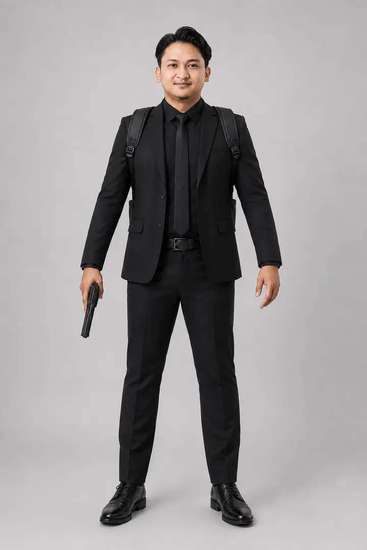 Front full-body reference in a black suit, arms clear of the torso