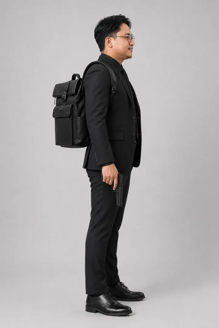 Side reference with arms flush to the torso, glasses on, prop across the leg