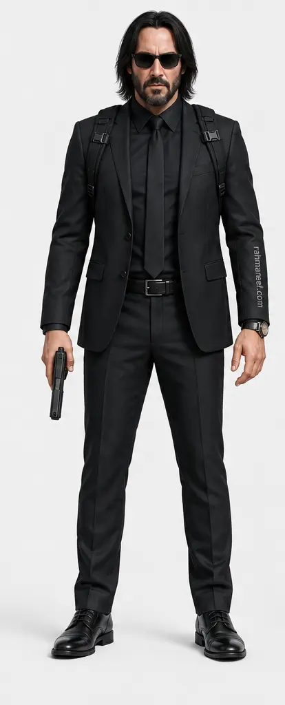 Full-body character reference in a black suit against a plain background