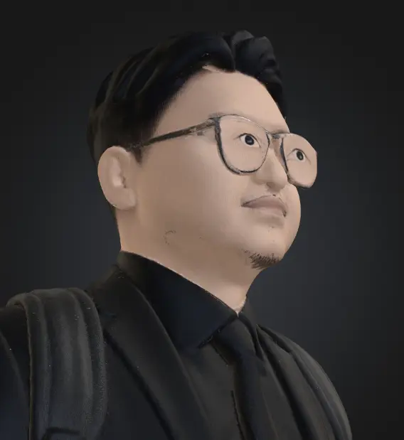 A generated 3D head with the glasses fused into the face as solid geometry