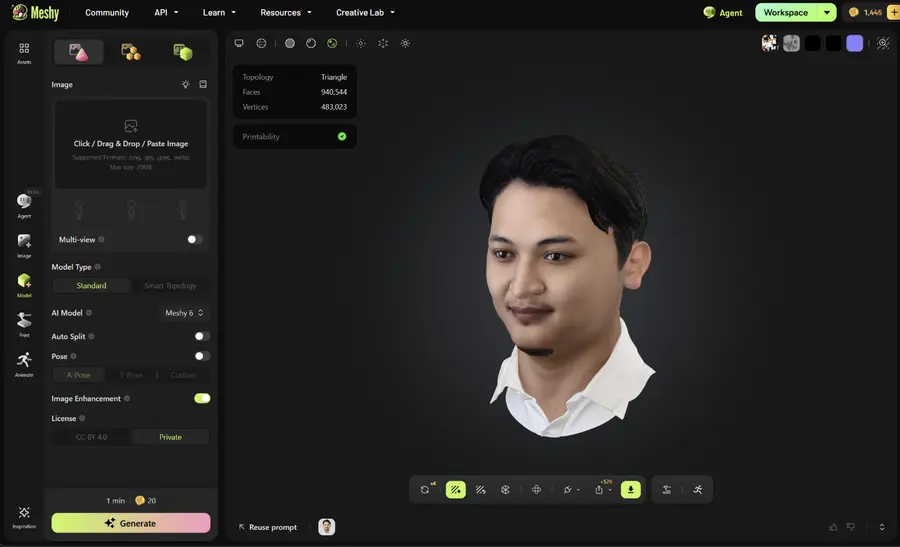 Meshy workspace showing the generated head, 940,544 faces