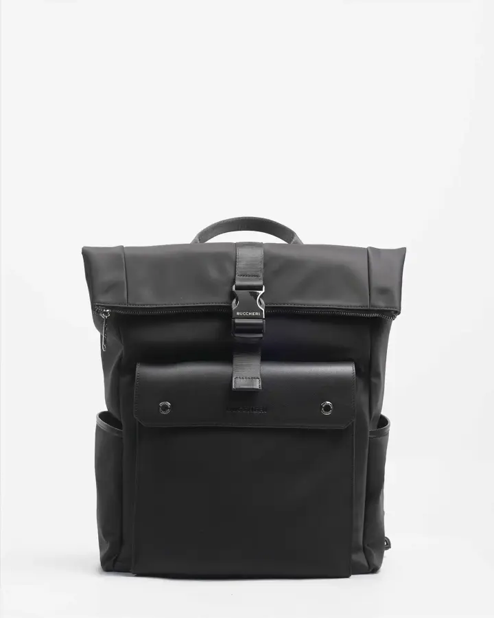 Product photo of a black backpack on a white background