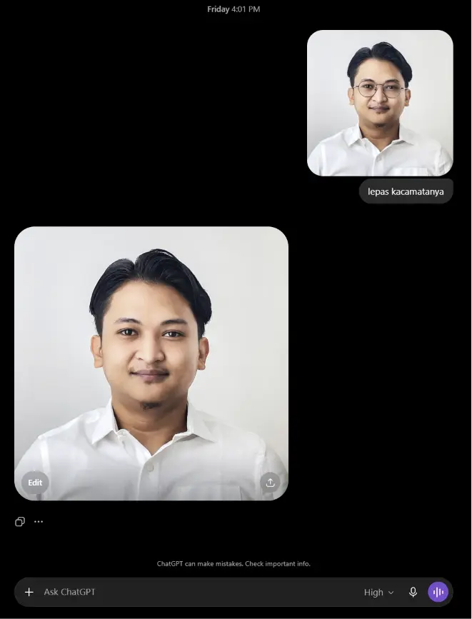 Chat screenshot: the same portrait sent to an image model, returned without glasses